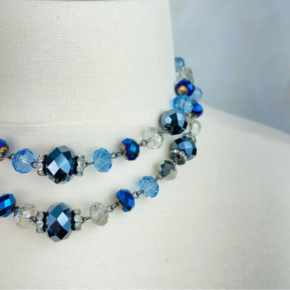 Trifari blue clear beaded 2 strand necklace choker - Picture 2 of 10